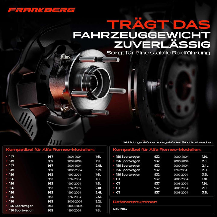 Frankberg 2x Radnabe Radlagersatz ohne Radlager Hinterachse Kompatibel mit 147 GT 937 156 932 1997-2