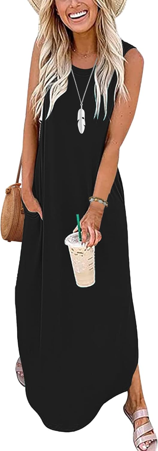 AUSELILY Maxikleider Damen Sommer Ärmellos Strandkleid Lang Sommer-Kleider M Schwarz, M Schwarz