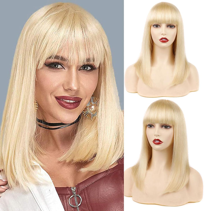 Huarisi 14 inches Blonde Straight Wigs with Bangs, 613 Human Hair Wigs Bob None Lace, 10a Bob Wigs f