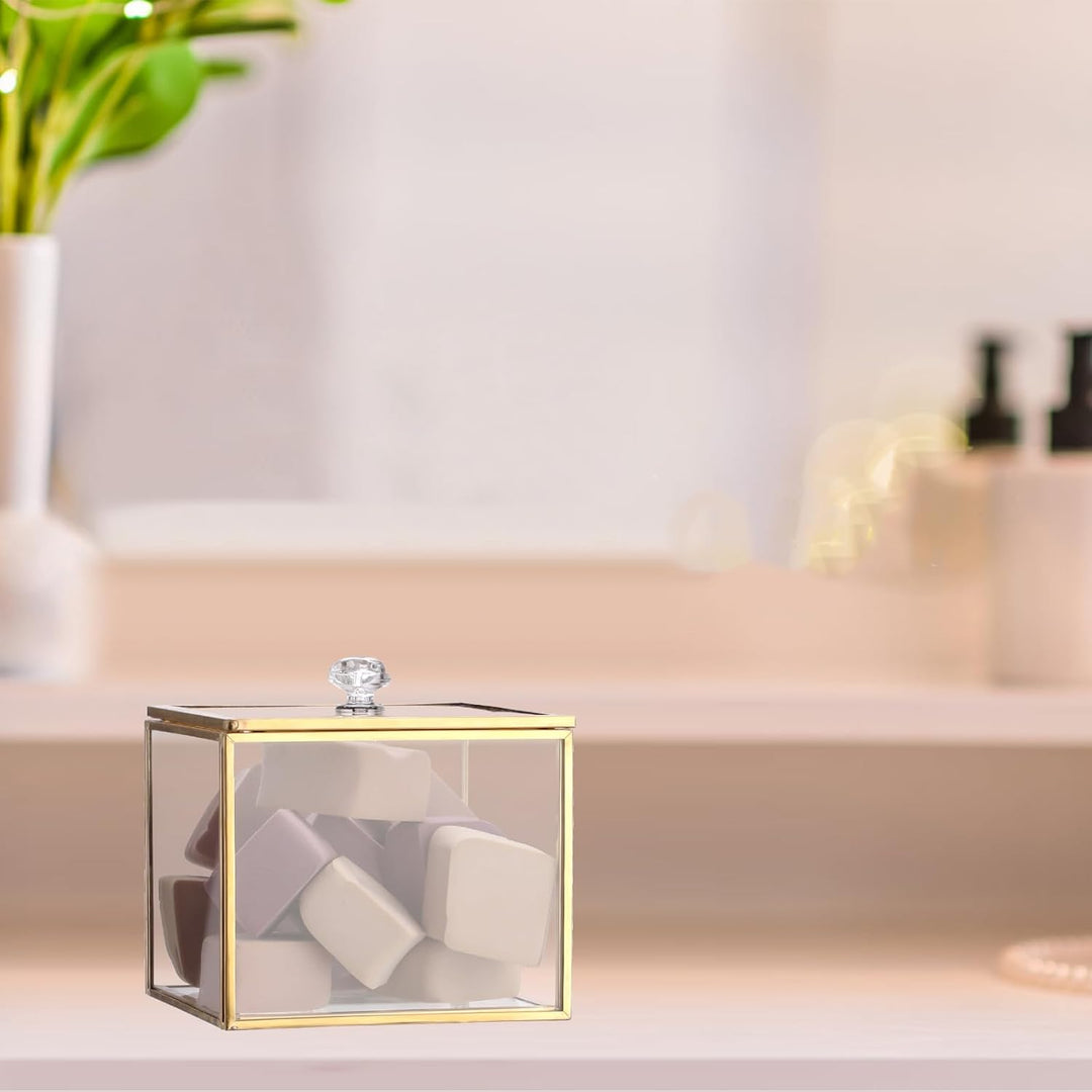 Glas Wattepad Spender Schmuckschatulle mit Glasdeckel Gold Wattestäbchenbehälter Wattepads Behälter