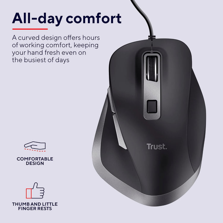Trust Fyda PC Maus mit Kabel, Nachhaltiges Design, 600-5000 DPI, 6 Tasten, Daumen- und Fingerauflage