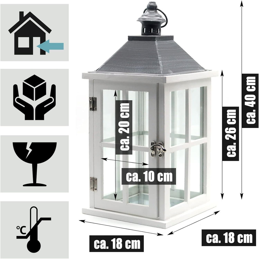 Dekovita 40 cm Holz-Laterne Weiss - Gartenlaterne mit Glas-Scheiben Henkel - Windlicht Deko-Laterne