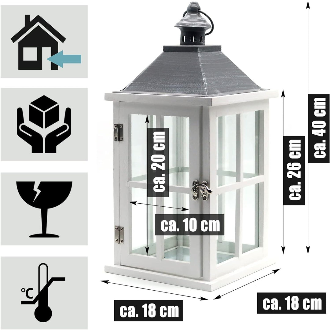 Dekovita 2er-Set Gartenlaterne 27cm/40cm - Holz-Laternen in Weiss mit Glas-Scheiben Henkel Deko-Late