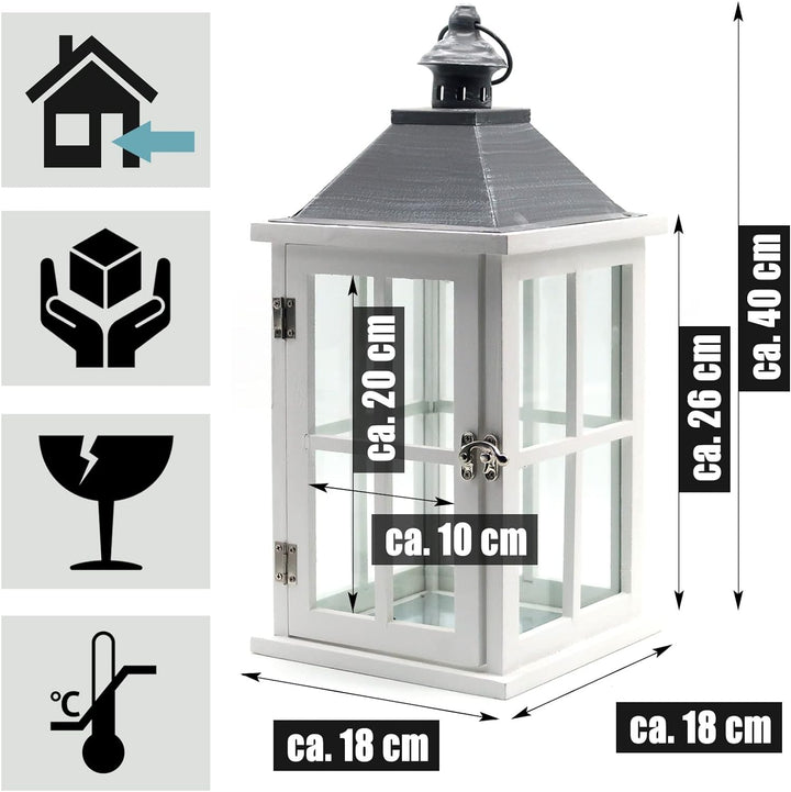 Dekovita 2er-Set Gartenlaterne 27cm/40cm - Holz-Laternen in Weiss mit Glas-Scheiben Henkel Deko-Late