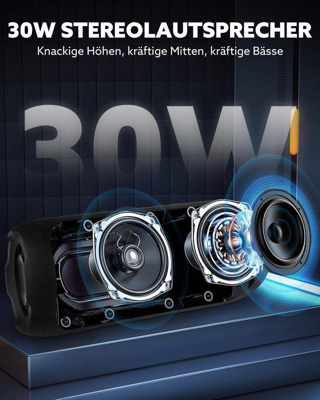 Bluetooth Lautsprecher mit 6 RGB-Lichter, Bluetooth 5.1 Tragbarer Box, 30W Dual Lautsprecher, TWS Pa