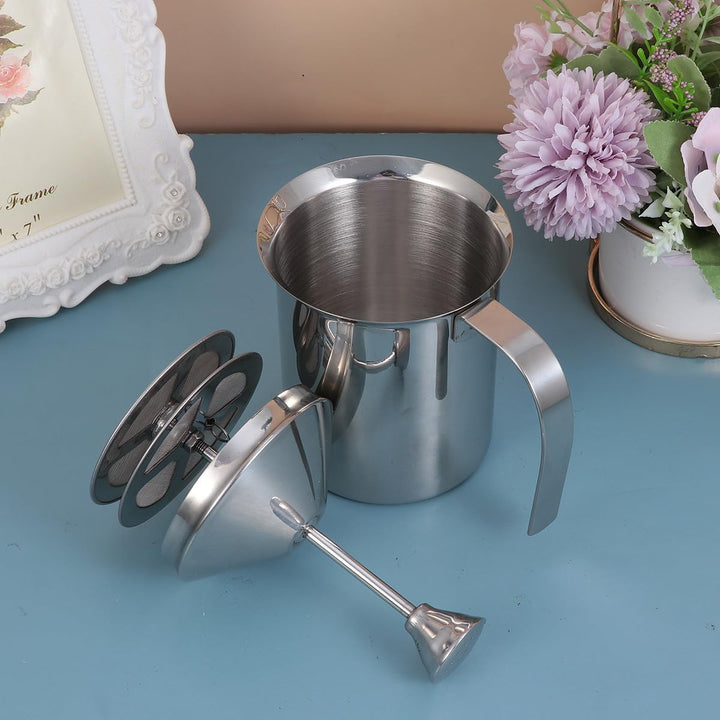 TOYANDONA Milchaufschäumer aus Edelstahl 800 Ml Manuell mit Doppel Sieb für Dicken Milchschaum Kaffe