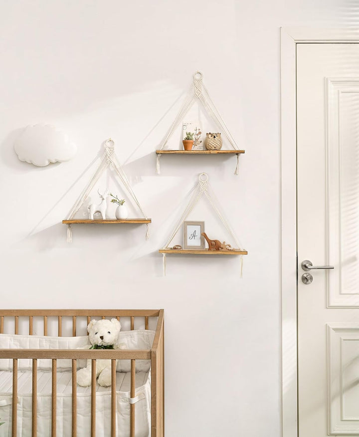 Mkono Makramee Hängeregale Boho Wanddekoration 3er Set Rustikales Holz Schweberegal für Schlafzimmer