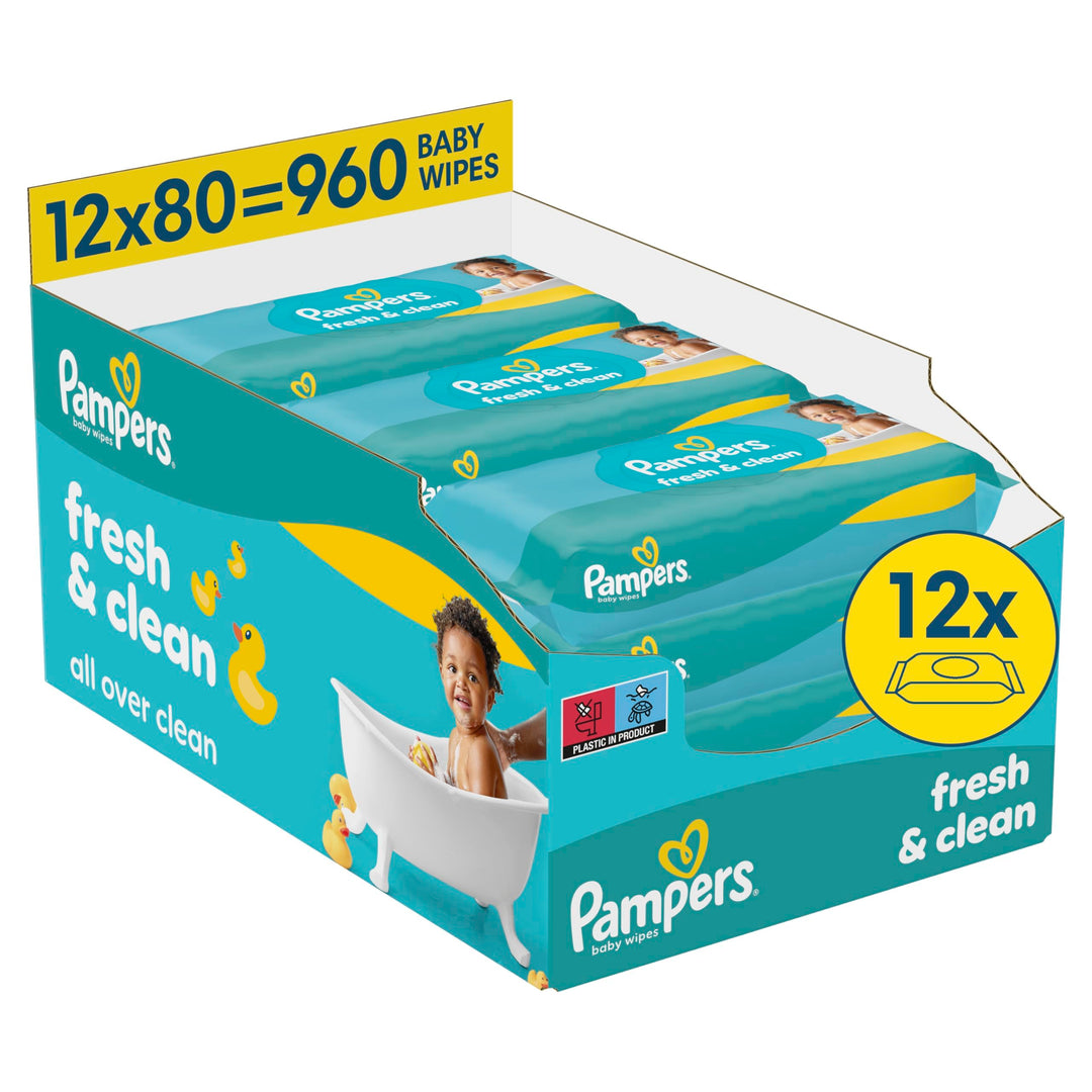 Pampers Fresh Clean Feuchttücher, 12 Packungen mit 80 Stück (960 Stück), zart duftende Reinigung auc