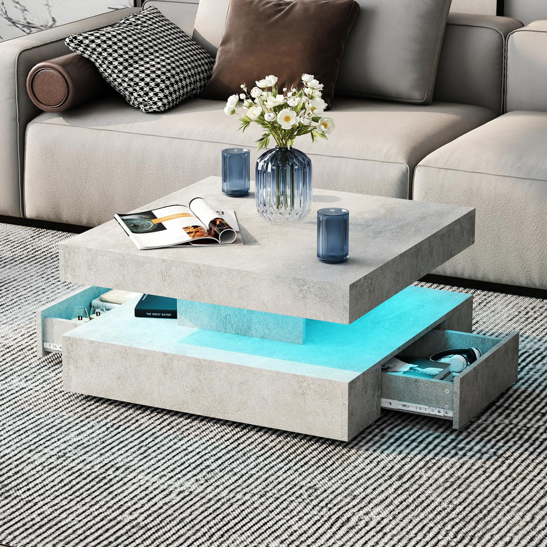 Couchtisch LED, Wohnzimmertisch mit 2 Schubladen für Wohnzimmer 78 x 78 x 40cm (Grau), Grau
