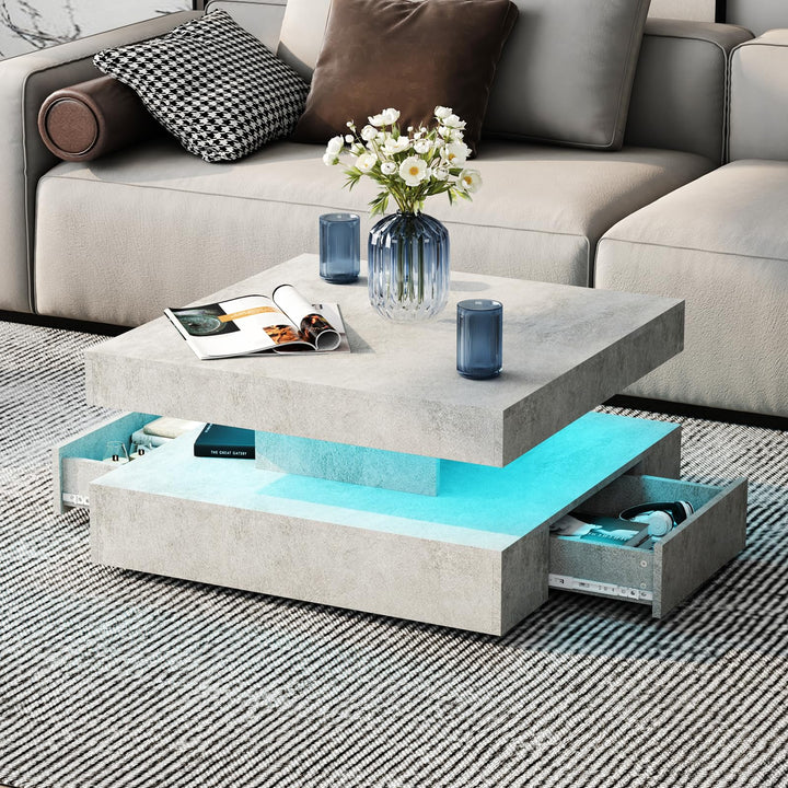 Couchtisch LED, Wohnzimmertisch mit 2 Schubladen für Wohnzimmer 78 x 78 x 40cm (Grau), Grau