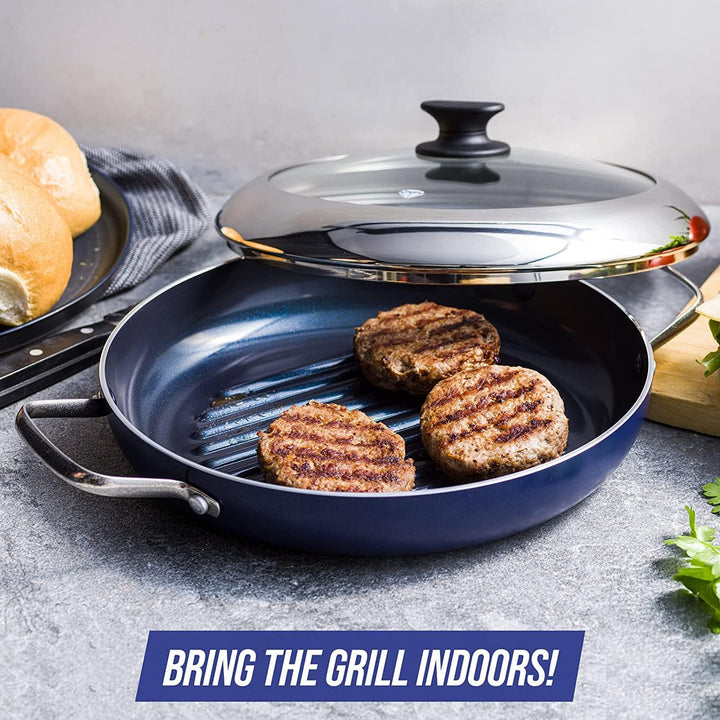 Blue Diamond Cookware Diamantierte Keramische Antihaft-Grillpfanne 28 cm mit Glasdeckel, PFAS-frei,