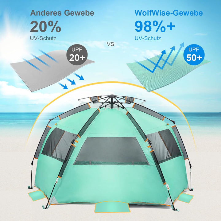 Wolfwise Strandmuschel mit Schnellaufbau für 3-4 Personen – UV-Schutz 50+, Wasserabweisend, Privater