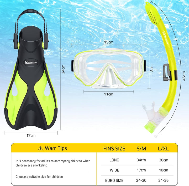 Schnorchelset Kinder mit Flossen,Anti-Fog 180°Panorama Taucherbrille Kinder, Verstellbaren Schwimmfl