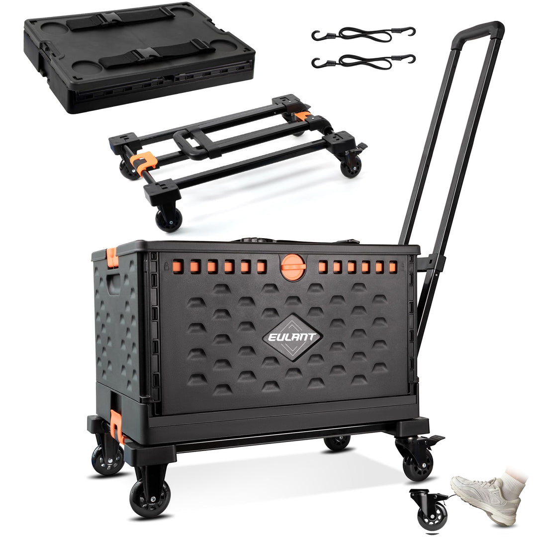 EULANT 2 in1 Faltbare Handwagen mit 60L Faltbox &amp; Deckel, Transportkiste mit Rollen &amp; Bremse, Utilit