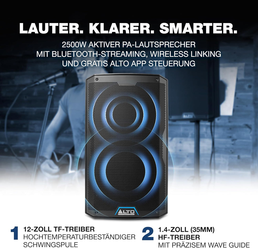 Alto Professional TS412–2500W 12" Aktiver PA-Lautsprecher mit 3- Kanal Mixer, Bluetooth-Streaming, d