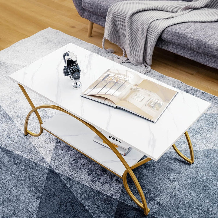 COSTWAY Couchtisch Marmor Optik, Kaffeetisch mit Ablage und Metallgestell, Wohnzimmertisch, Beistell