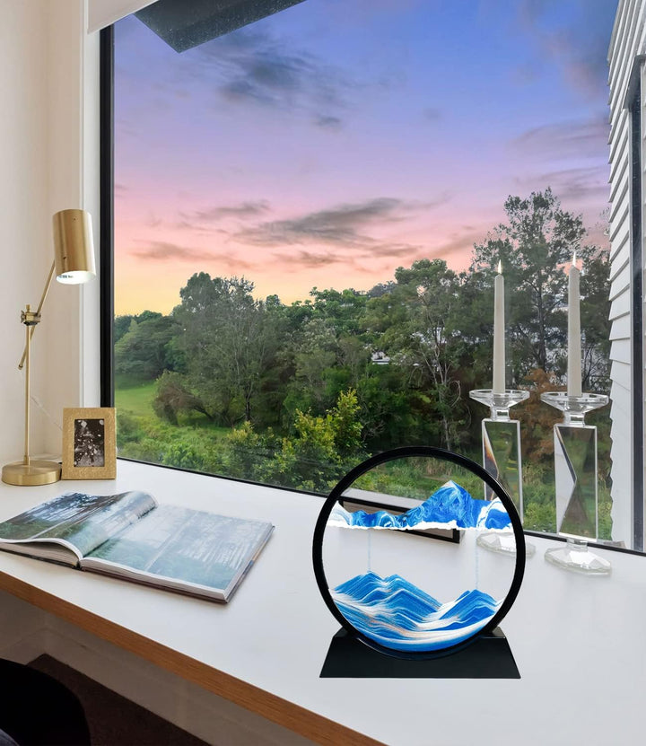 Dynamisch 3D Sandbilder zum Drehen, Fliessende Sandmalerei runder Glas Rahmen, Bewegtes Sandbild Nat