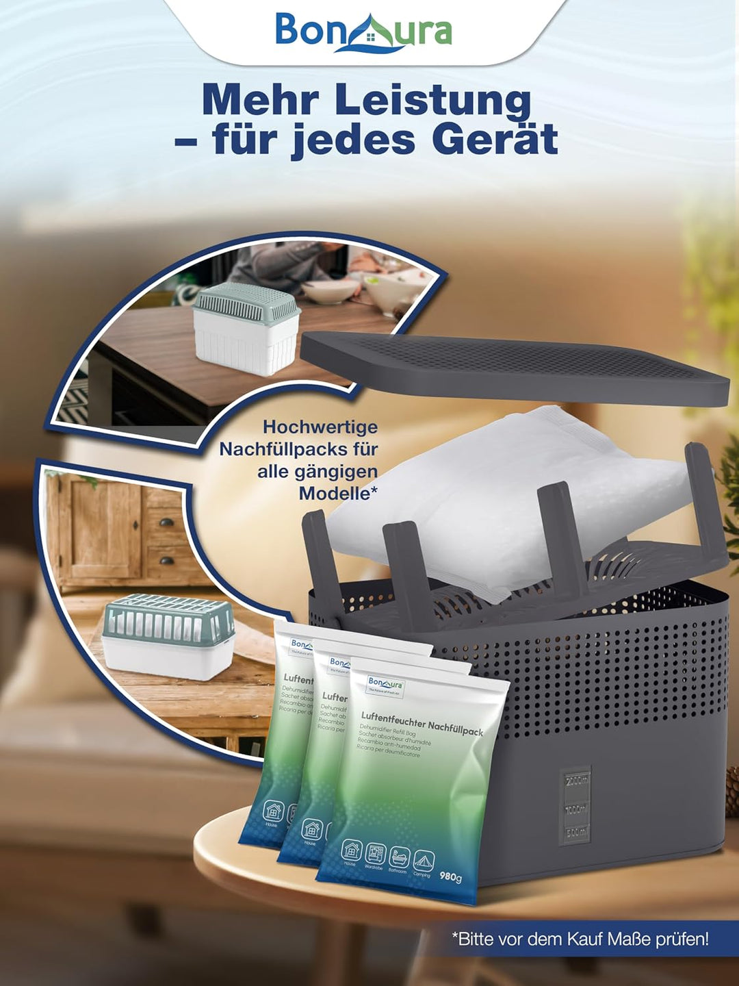 BonAura® AirOne Max Luftentfeuchter ohne Strom bis 33m² I 360° Belüftung I Raumentfeuchter mit Ausgi