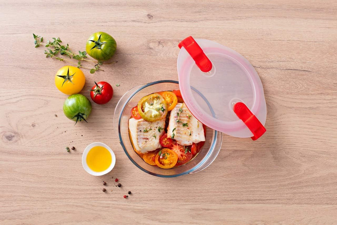 Pyrex 1451132 Cook and Heat Cook & Heat – Set aus 3 Lebensmitteln, rund, Glas, 1,1 l, mit luftdichte