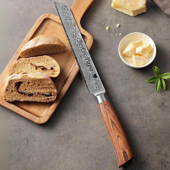 zayiko Minami Premium Brotmesser mit Gravur – Personalisiertes Damastmesser, 20cm Wellenschliff-Klin