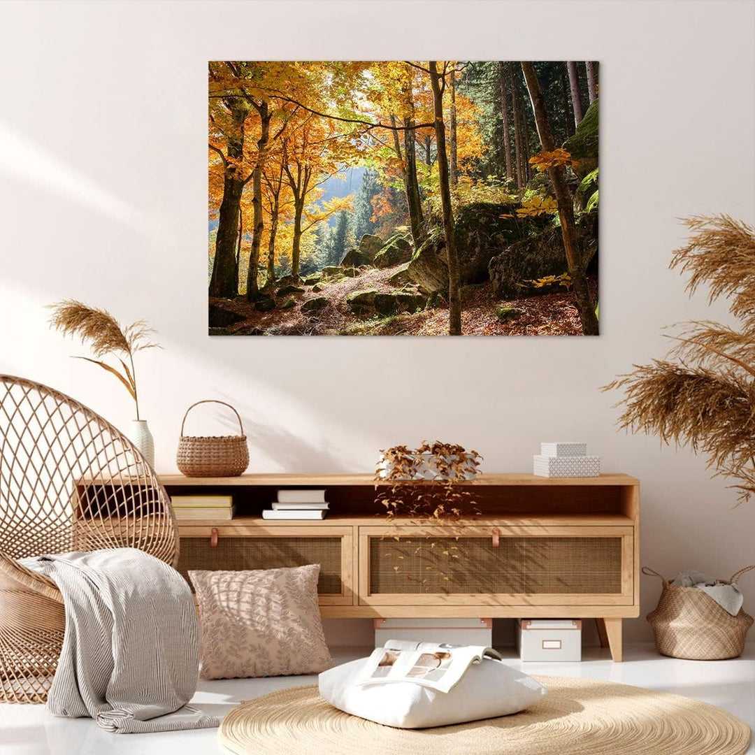 ARTTOR Bilder auf Leinwand 100x70cm Leinwandbild Herbst berg wald natur Gross Wanddeko Bild Schlafzi