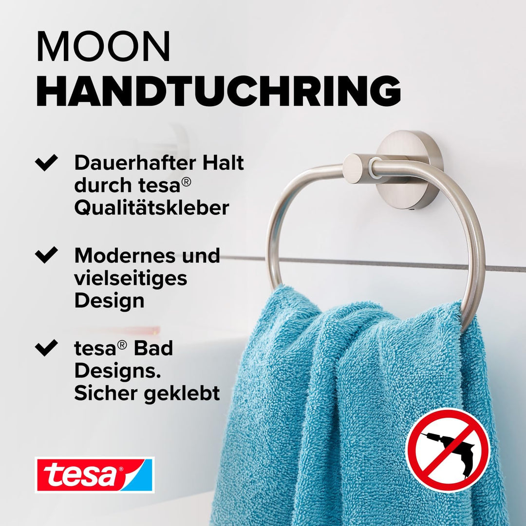 tesa Moon Handtuchring, verchromt - Handtuchhalter-Ring oval - zur Wandbefestigung ohne Bohren, inkl