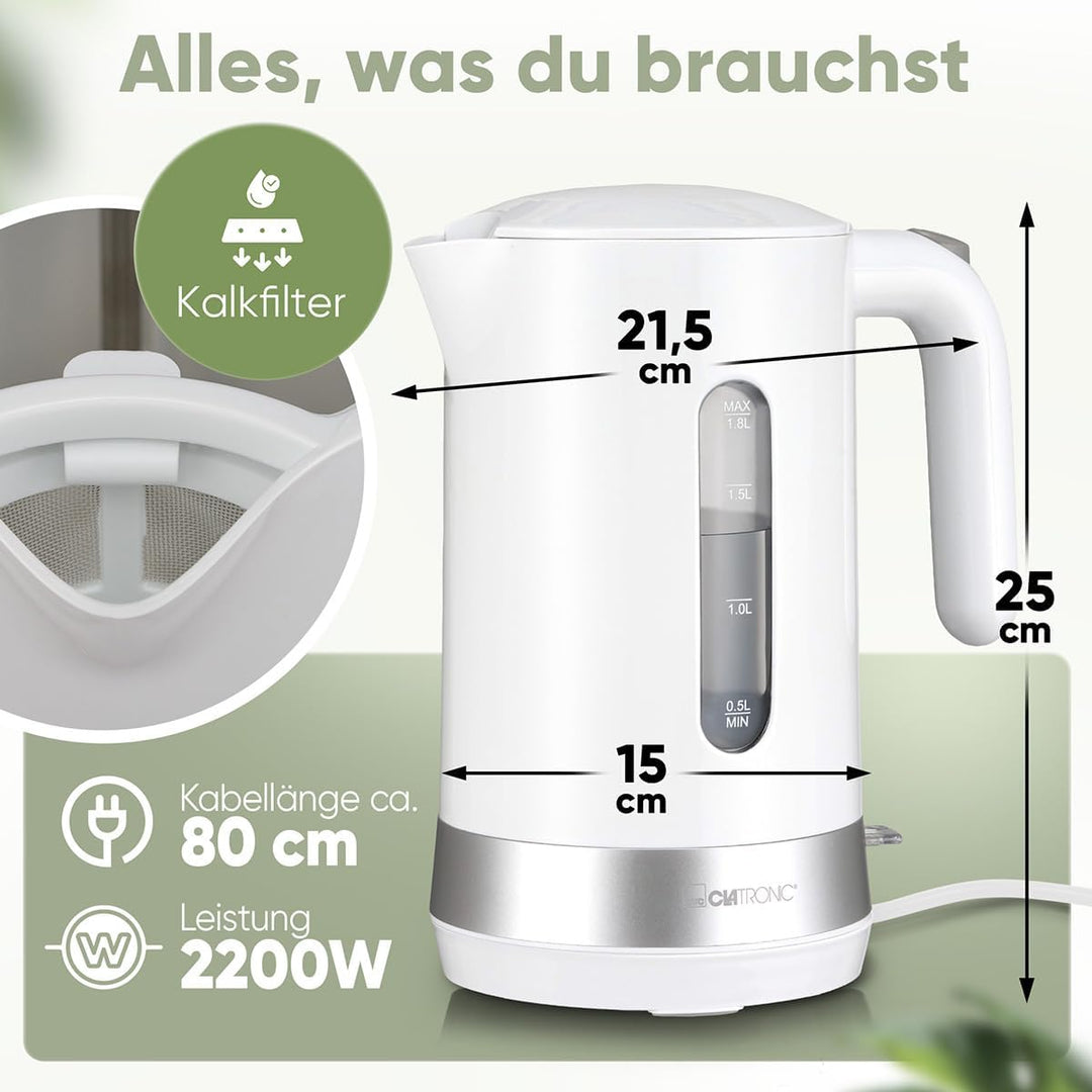 Clatronic® Wasserkocher 1,8L | 2200W für schnelles Erhitzen | BPA frei | Einhandbedienung | Wasserst