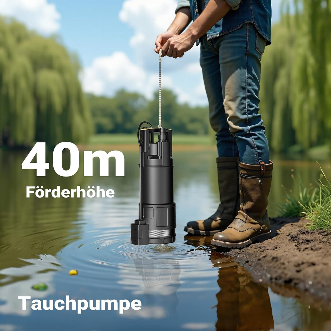 Wiltec Tauchpumpe mit Trockenlaufschutz und Schwimmerschalter 1200 W, Tiefbrunnenpumpe 6000 l/h, Was