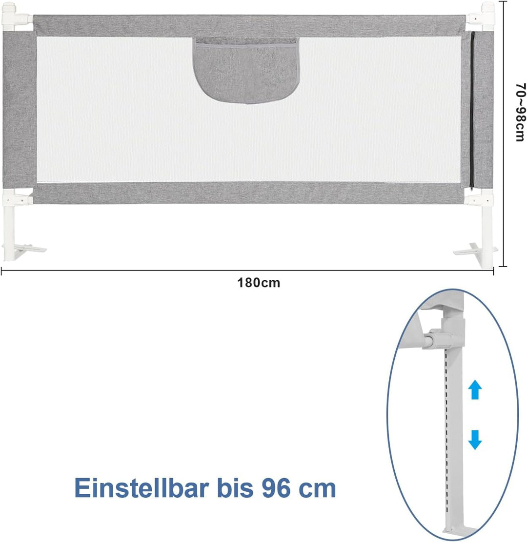 Eulenke 180cm Bettgitter, Bettschutzgitter für Kinder, Höhenverstellbar von 80-96cm, Rausfallschutz