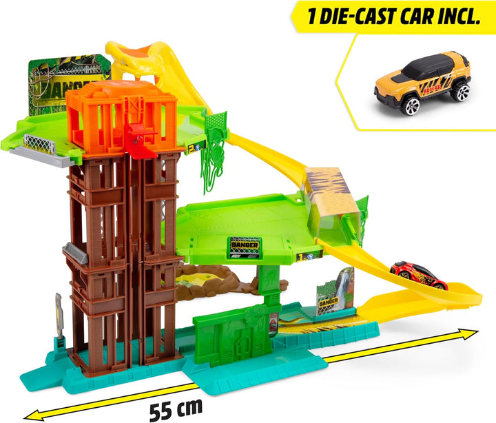 Dickie Toys - Auto-Rennbahn Jungle Garage (50x55x32 cm) inkl. Spielzeugauto aus Metall - Parkhaus au