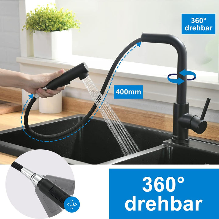 Tohlar Niederdruck Armatur Küche Ausziehbar Schwarz mit Magnet Andocken Brause, Edelstahl Wasserhahn