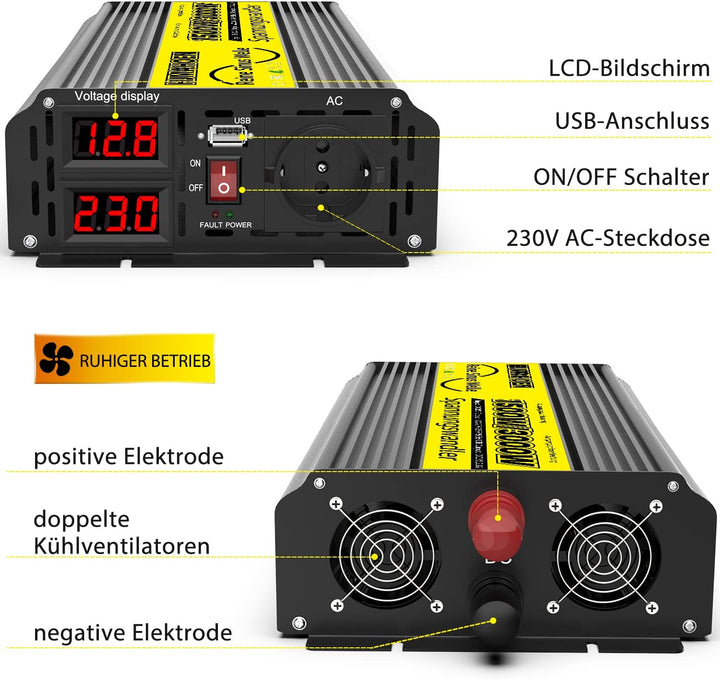 1500W/3000W Reiner Sinus Wechselrichter 12V auf 230V Reine Sinuswelle Spannungswandler, für Wohnmobi