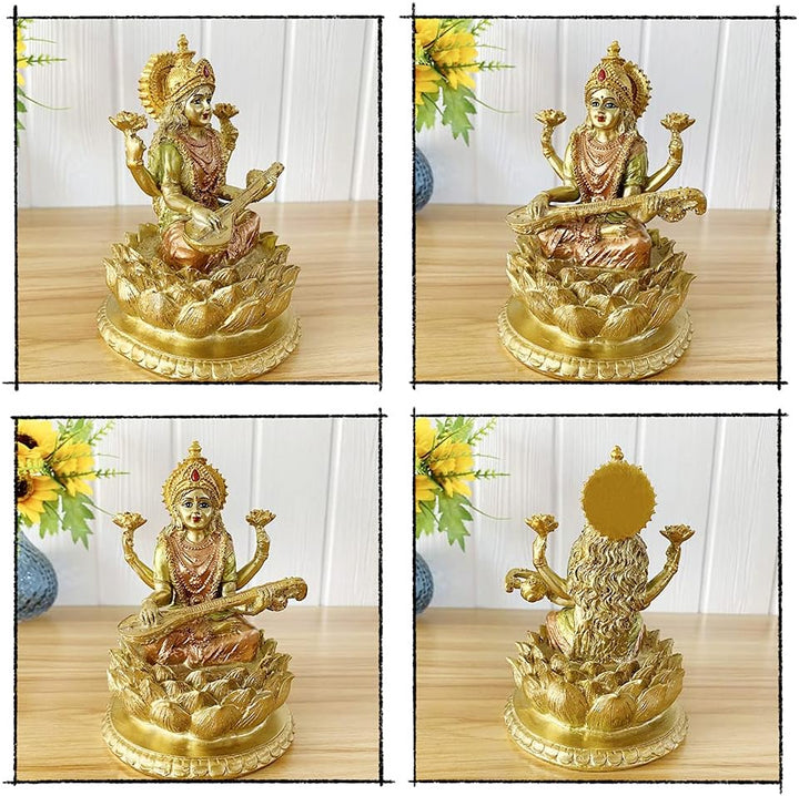 BangBangDa Hindu-Göttin Lord Saraswati Statue – Indisches Idol der Musik sitzend auf Lotus-Skulptur