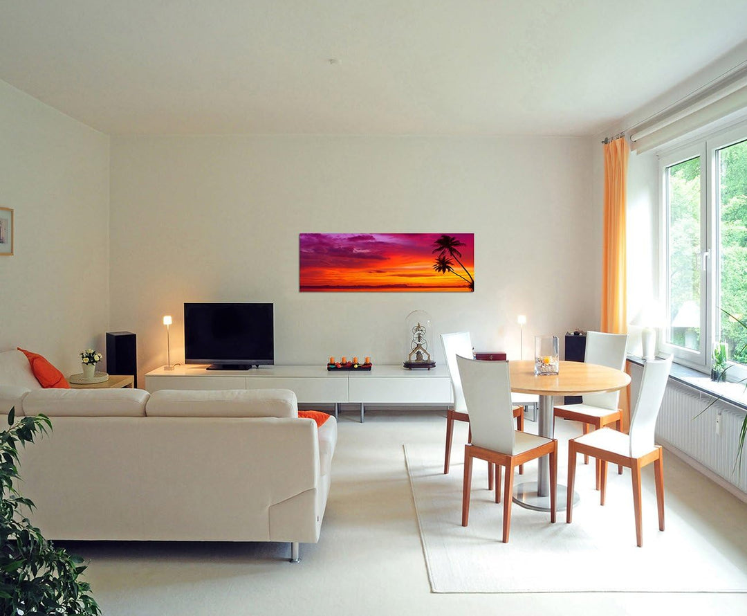 Panoramabild auf Leinwand und Keilrahmen 150x50cm Strand Meer Palmen Sonnenuntergang
