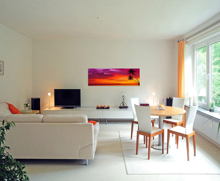 Panoramabild auf Leinwand und Keilrahmen 150x50cm Strand Meer Palmen Sonnenuntergang