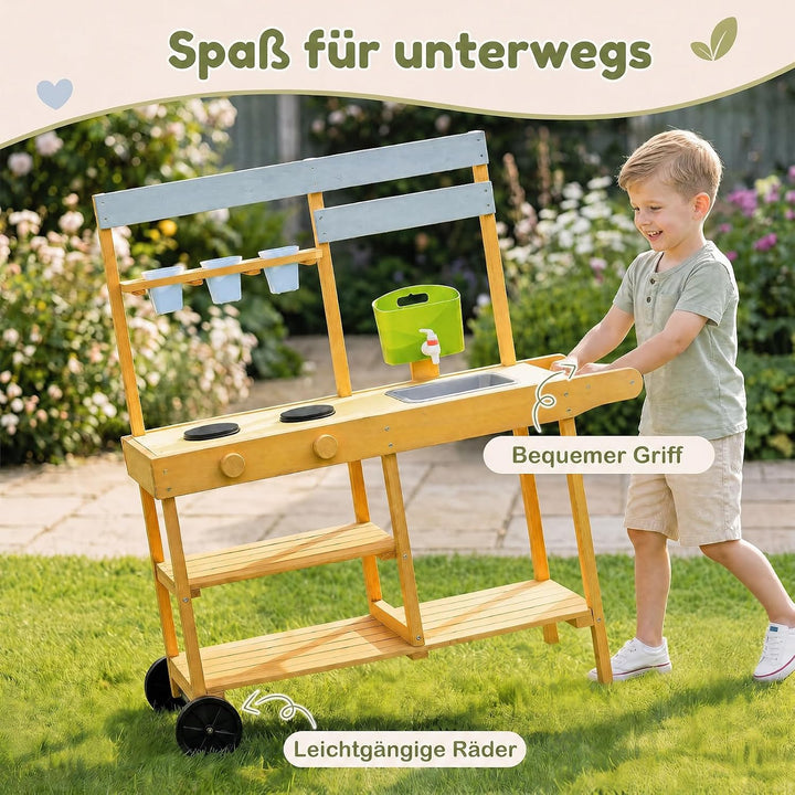 DREAMADE Matschküche Kinder Outdoor, Spielküche mit Herd &amp; Kochzubehör | Kinderküche mit Griff &amp; 2 R