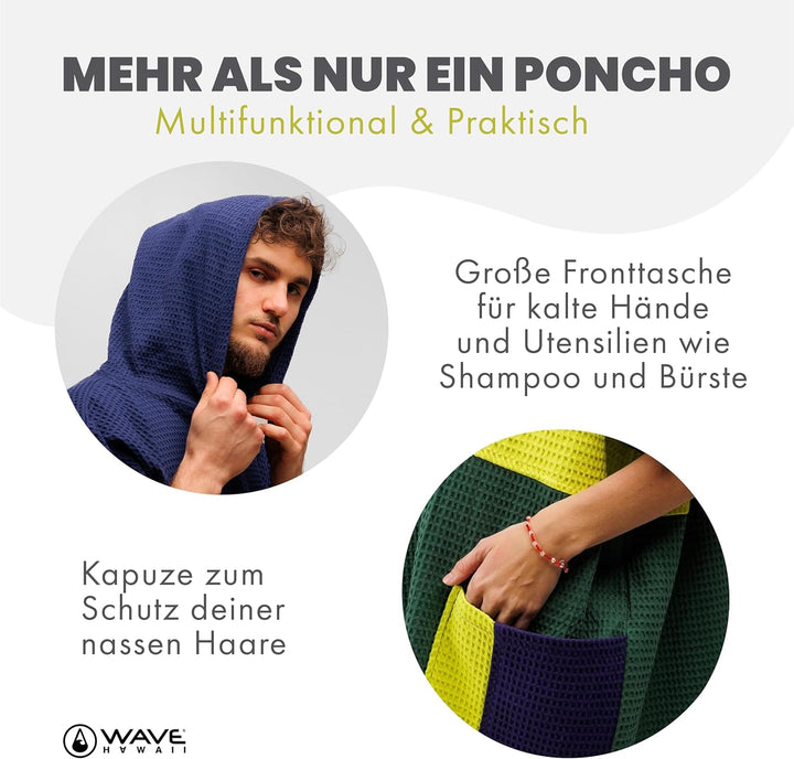 WAVE HAWAII Poncho Pampatar Surfponcho 100% Baumwolle für Körpergrössen von 170-200 cm Umkleidehilfe