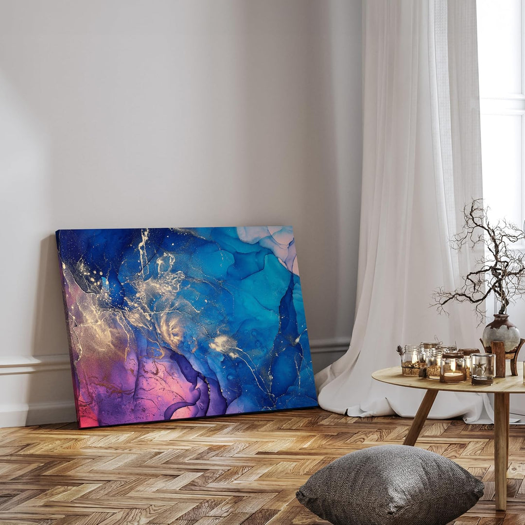 wandmotiv24 Leinwand-Bilder Natur-Stein, Grösse 120x90cm, Querformat, bunter Marmor mit Gold, Dekost
