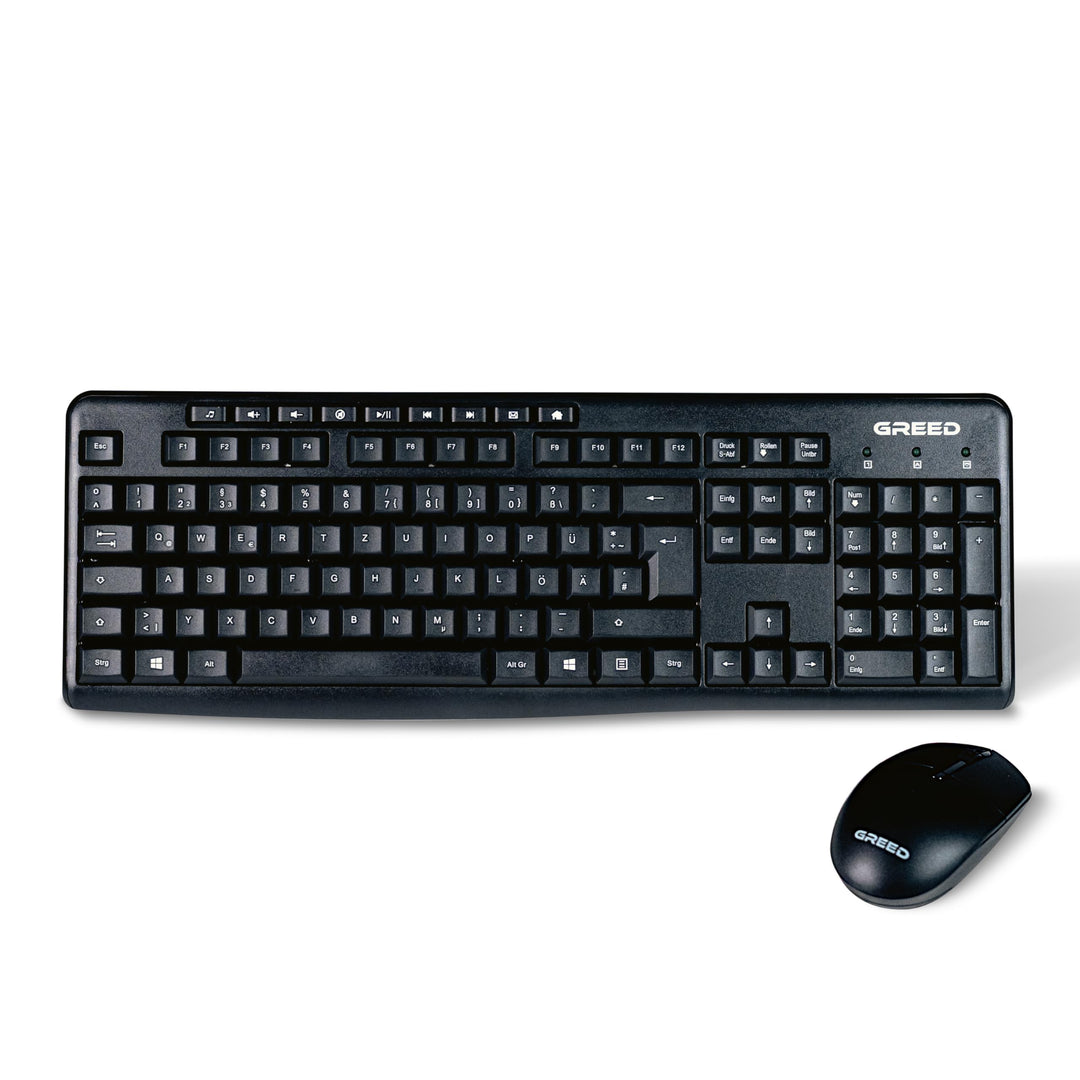 GREED - Kabelloses Tastatur + Maus Set | 2,4 GHz Funk | QWERTZ Layout | Multimedia Tasten | Keyboard