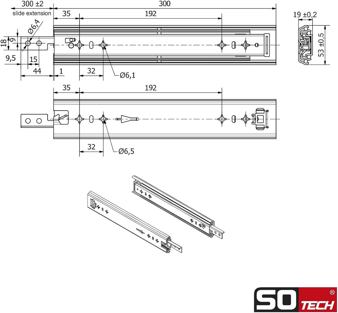 1 Paar SOTECH Schwerlastauszüge VarioSlide KV2-100-H53-L300-EH 300 mm mit Lock-in/out Einrastfunktio
