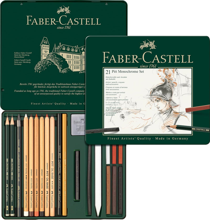 Faber-Castell 112976 - Pitt Monochrome Set im Metalletui, medium, 21-teilig, medium