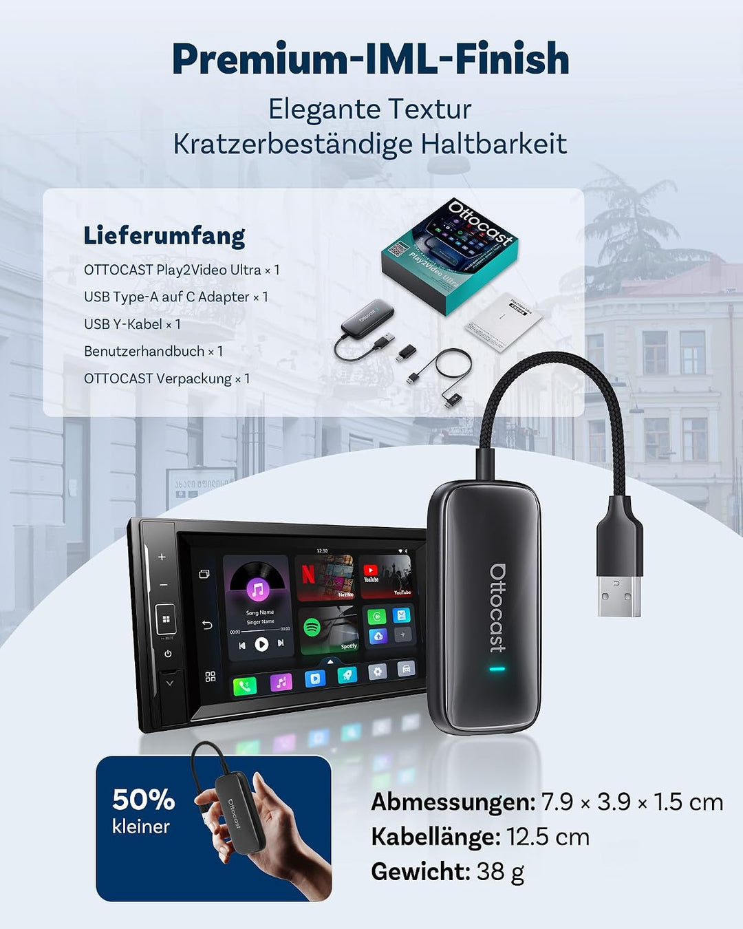 OTTOCAST Play2Video Ultra 2026 Upgrade, Wireless CarPlay Adapter AI Box mit YouTube, App Hub, bis zu