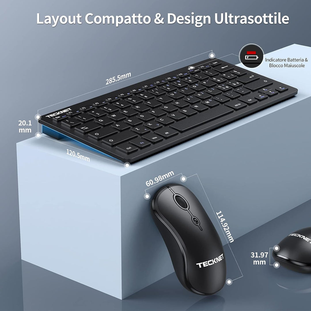 TECKNET Kabellose Tastatur und Maus-Set, 2,4 GHz, italienisches QWERTY-Layout, Slim Full-Size, Kombi