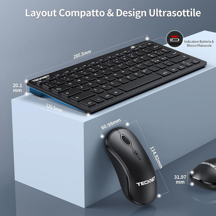 TECKNET Kabellose Tastatur und Maus-Set, 2,4 GHz, italienisches QWERTY-Layout, Slim Full-Size, Kombi
