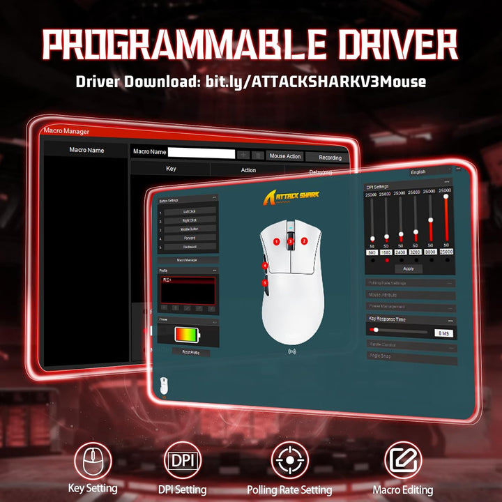 ATTACK SHARK V3 Kabellose Gaming-Maus, 65g Ultraleicht, Optischer Sensor PAW3311 mit 25K DPI, 1K Pol