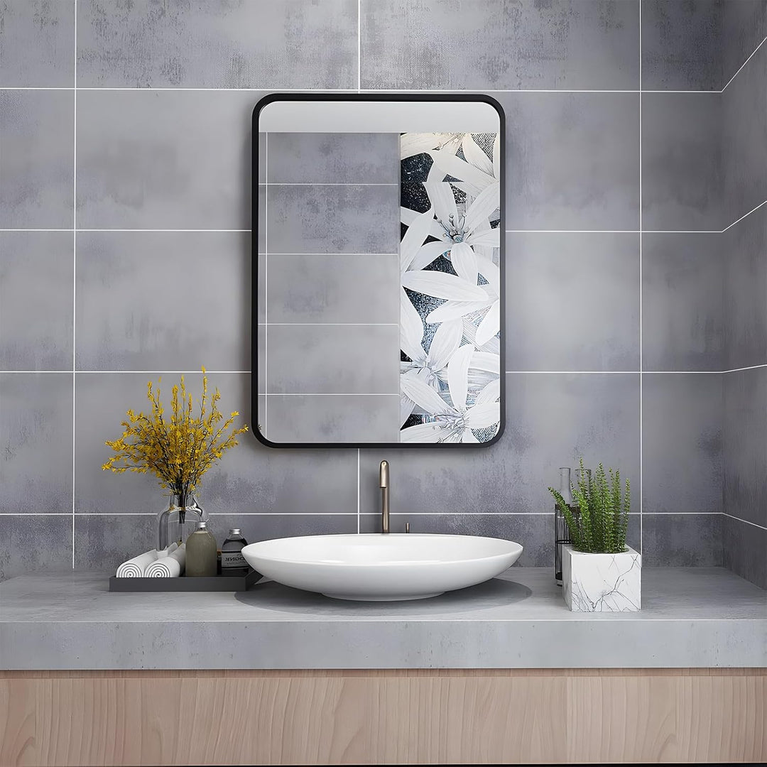 MIQU Badezimmerspiegel 100x60cm Badspiegel ohne Beleuchtung rechteckig Spiegel Schwarz Metallrahmen