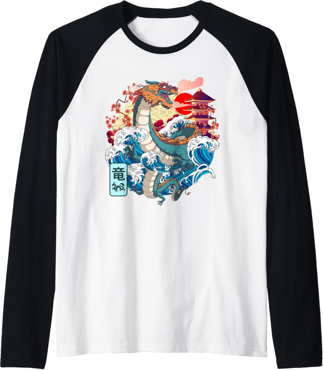 Japanischer Drache, grosse Welle Kanagawa Japanische Vintage-Kunst Raglan