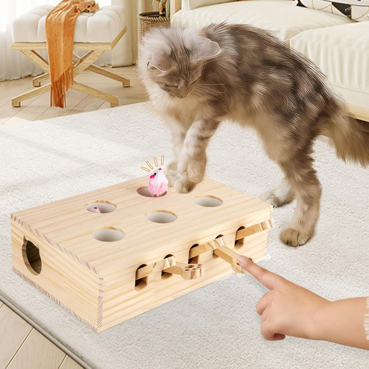 Interaktives Katzenspielzeug Holz Spielzeug, Maulwurf Maus, Puzzle Box mit Spielzeugen für Katzen, J