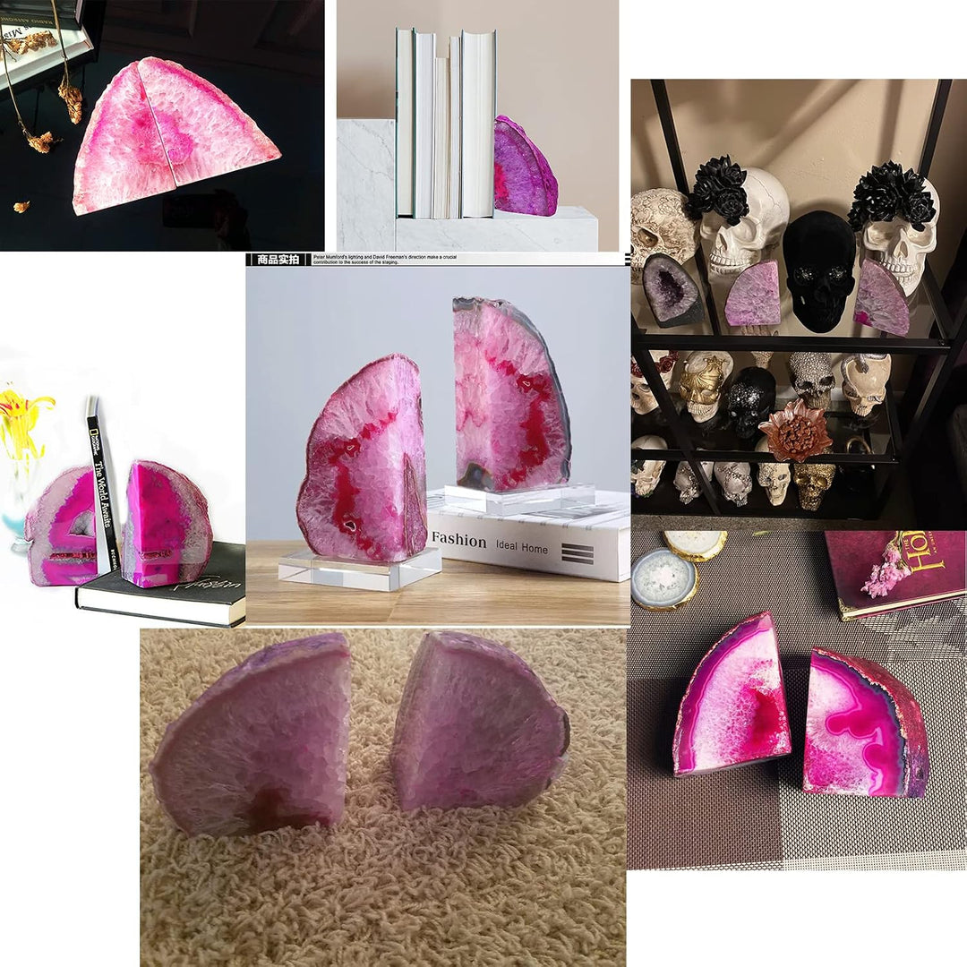JIC Gem Dekorative Kristall-Buchstützen, poliert, gefärbt, rosa, Geode, brasilianischer Achat, Buchs