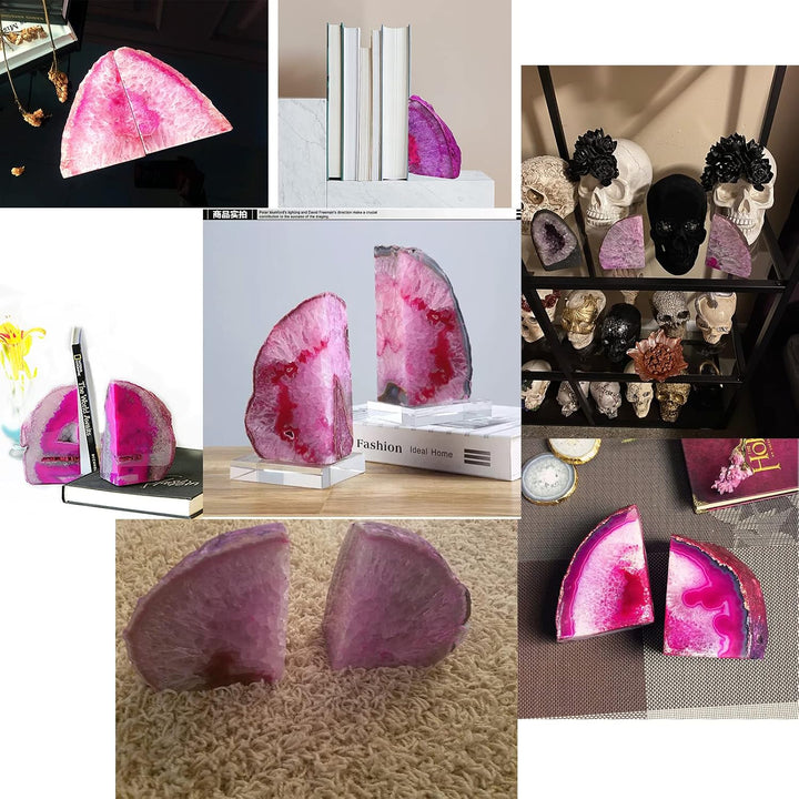 JIC Gem Dekorative Kristall-Buchstützen, poliert, gefärbt, rosa, Geode, brasilianischer Achat, Buchs
